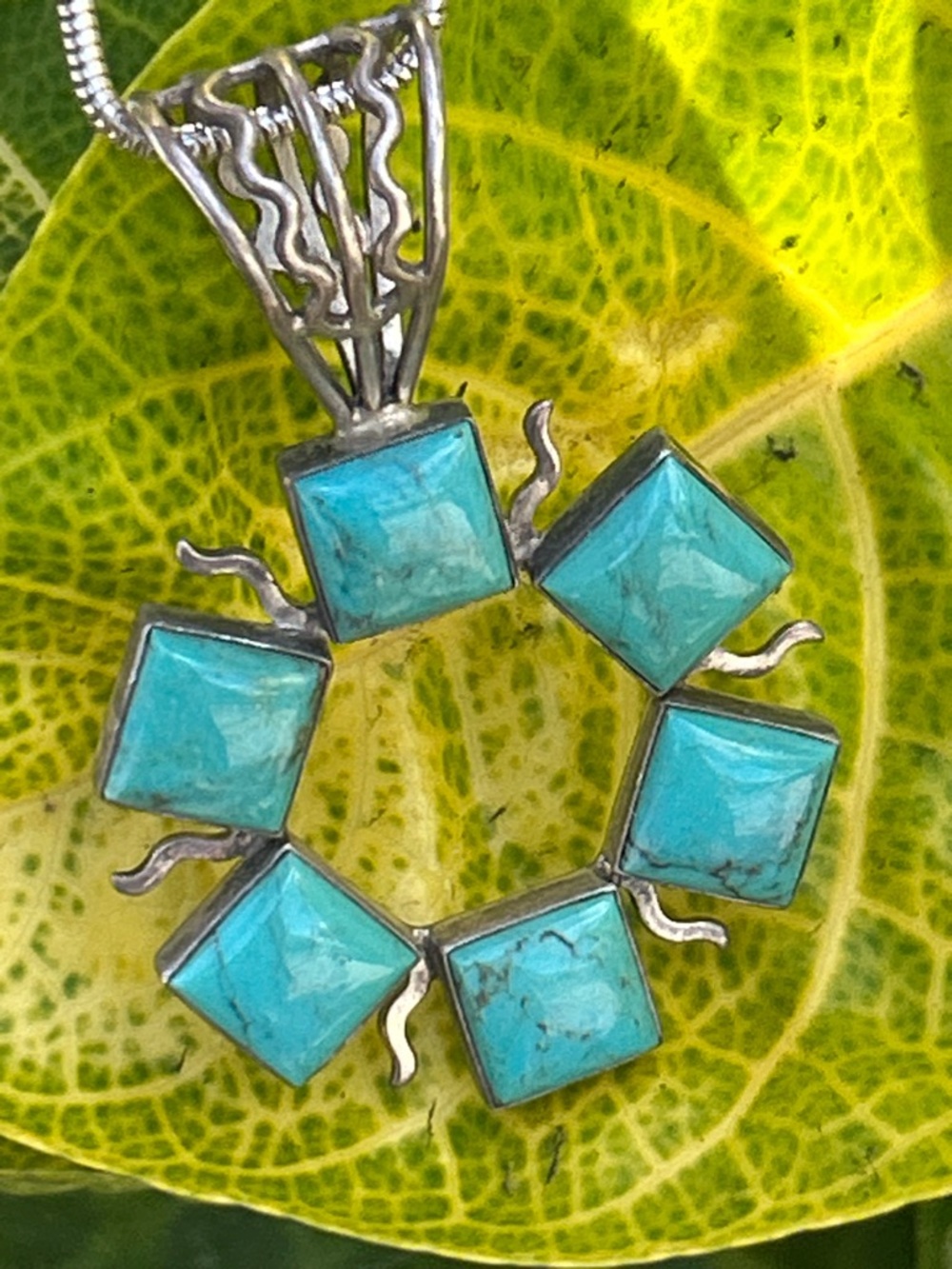 Vintage sterling silver jay king Turquoise Square Halo Pendant Necklace 19.50” - Picture 2 of 11